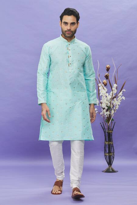 Buy_Arihant Rai Sinha_Green Jacquard, Silk Embroidery Geometric Pattern Mandarin Collar Kurta_Online_at_Aza_Fashions