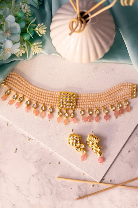 Shop Ishhaara Gold Plated Beads Layered Choker Set at Aza Fashions Shop_Ishhaara_Gold Plated Beads Layered Choker Set _at_Aza_Fashions