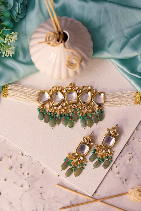 Shop Ishhaara Gold Plated Pearls Bead Drop Choker Set at Aza Fashions Shop_Ishhaara_Gold Plated Pearls Bead Drop Choker Set _at_Aza_Fashions