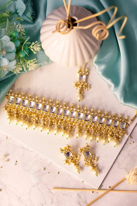 Shop Ishhaara Gold Plated Pearls, Diamonds Embellished Choker Set at Aza Fashions Shop_Ishhaara_Gold Plated Pearls, Diamonds Embellished Choker Set _at_Aza_Fashions