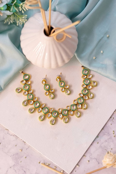 Shop Ishhaara Blue Imitation Diamonds Embellished Kundan Choker Set at Aza Fashions Shop_Ishhaara_Blue Imitation Diamonds Embellished Kundan Choker Set _at_Aza_Fashions