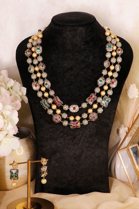 Shop Ishhaara Gold Plated Stones, Pearls Layered Victorian Necklace Set at Aza Fashions Shop_Ishhaara_Gold Plated Stones, Pearls Layered Victorian Necklace Set _at_Aza_Fashions