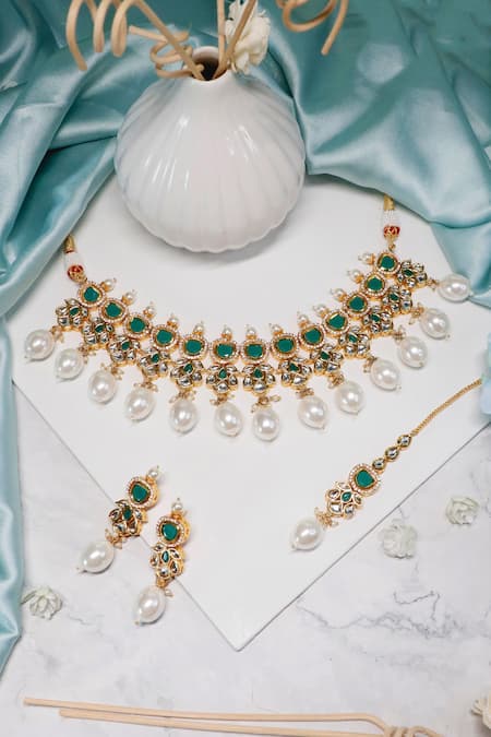 Shop Ishhaara Gold Plated Pearls Drop Choker Set at Aza Fashions Shop_Ishhaara_Gold Plated Pearls Drop Choker Set _at_Aza_Fashions