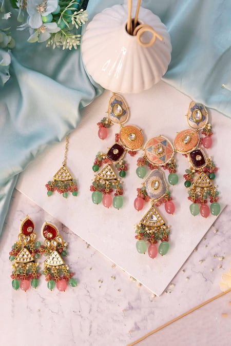 Shop Ishhaara Gold Plated Pearls, Metallic Thread, Diamonds Hand Painted Choker Set at Aza Fashions Shop_Ishhaara_Gold Plated Pearls, Metallic Thread, Diamonds Hand Painted Choker Set _at_Aza_Fashions