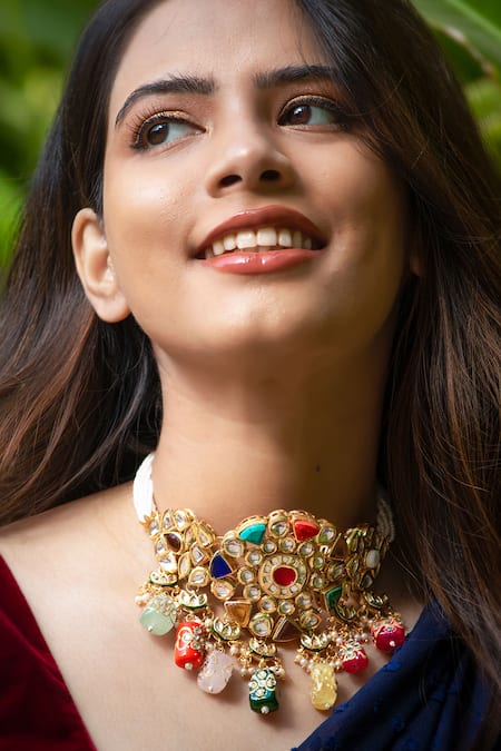 Ishhaara Gold Plated Stones Navratna Choker Set 