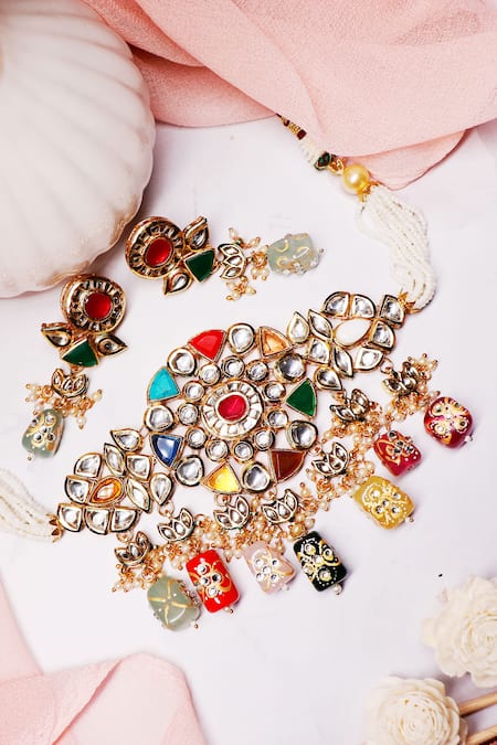 Shop_Ishhaara_Gold Plated Stones Navratna Choker Set _at_Aza_Fashions