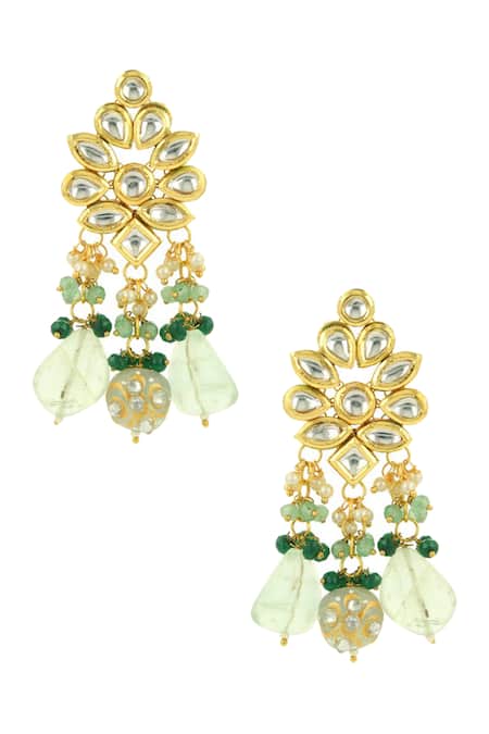Shop Ishhaara Gold Plated Stones Kundan Green Dangler Earrings at Aza Fashions Shop_Ishhaara_Gold Plated Stones Kundan Green Dangler Earrings _at_Aza_Fashions