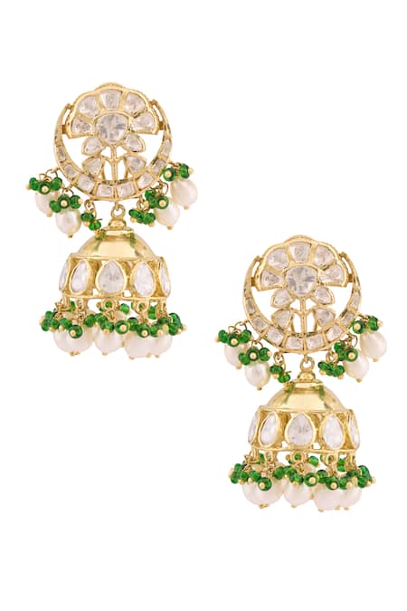 Shop Ivorine Gold Plated Diamonds, Pearls Stone Embellished Jhumkas at Aza Fashions Shop_Ivorine_Gold Plated Diamonds, Pearls Stone Embellished Jhumkas _at_Aza_Fashions