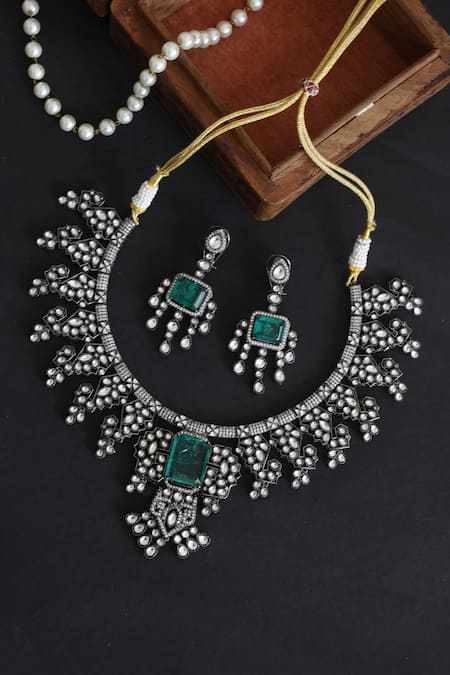 Shop Paisley Pop Silver Plated Stone Victorian Polki Necklace Set at Aza Fashions Shop_Paisley Pop_Silver Plated Stone Victorian Polki Necklace Set _at_Aza_Fashions