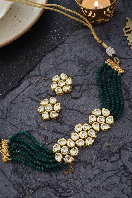 Green Crystal Beads Golden Pendant Necklace - Fashionvalley