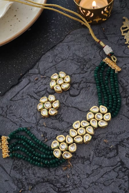 Green Crystal Beads Golden Pendant Necklace - Fashionvalley