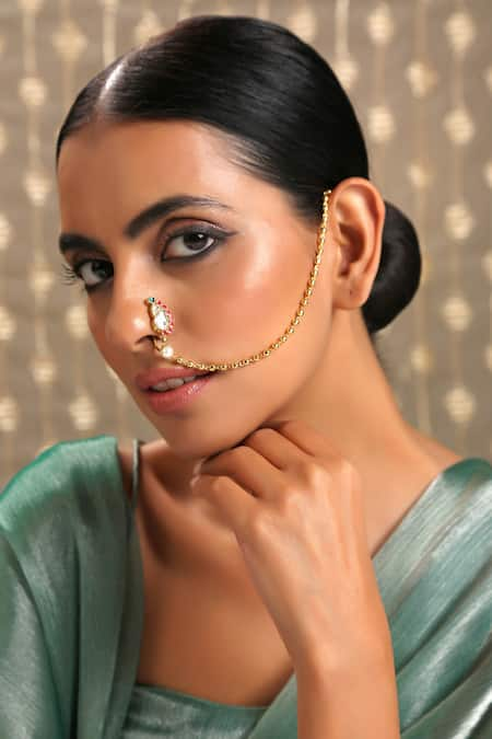 Paisley Pop Gold Plated Kundan And Pearl Nosepin 