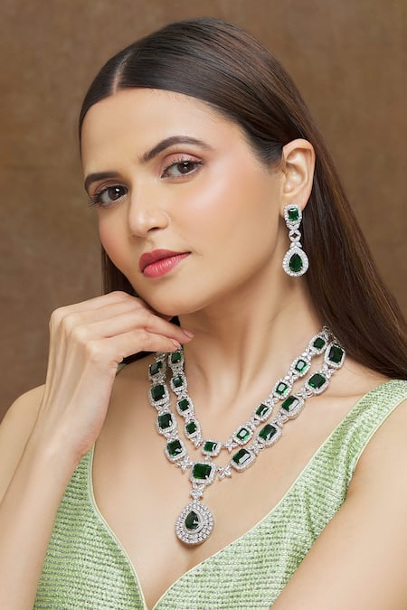 Buy Emerald Stone Chain Silver Plated Necklace and Set online-KARAGIRI |  FESTIVE SALE – Karagiri Global