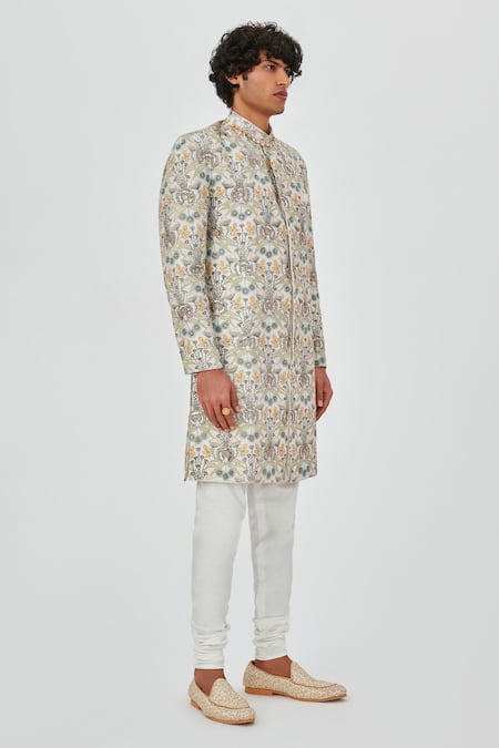 Shop Aisha Rao Beige Silk, Chanderi Embroidery Parviz Raw Sherwani Set Online at Aza Fashions Shop_Aisha Rao_Beige Silk, Chanderi Embroidery Parviz Raw Sherwani Set _Online_at_Aza_Fashions