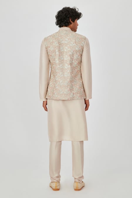 Shop Aisha Rao Beige Silk Embroidery, Applique Floral Bundi And Kurta Set at Aza Fashions Shop_Aisha Rao_Beige Silk Embroidery, Applique Floral Bundi And Kurta Set _at_Aza_Fashions