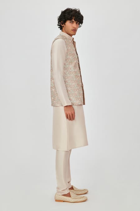 Shop Aisha Rao Beige Silk Embroidery, Applique Floral Bundi And Kurta Set Online at Aza Fashions Shop_Aisha Rao_Beige Silk Embroidery, Applique Floral Bundi And Kurta Set _Online_at_Aza_Fashions