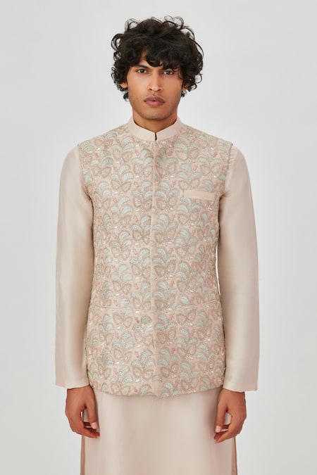 Aisha Rao Beige Silk Embroidery, Applique Floral Bundi And Kurta Set at Aza Fashions Aisha Rao_Beige Silk Embroidery, Applique Floral Bundi And Kurta Set _at_Aza_Fashions