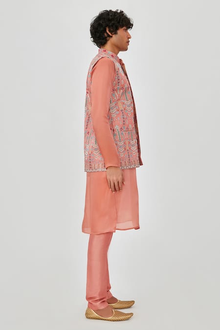 Buy Aisha Rao Coral Satin, Organza, Silk Embroidery Applique Bundi And Kurta Set Online at Aza Fashions Buy_Aisha Rao_Coral Satin, Organza, Silk Embroidery Applique Bundi And Kurta Set _Online_at_Aza_Fashions