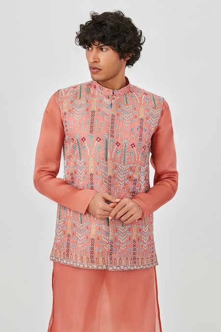 Shop Aisha Rao Coral Satin, Organza, Silk Embroidery Applique Bundi And Kurta Set Online at Aza Fashions Shop_Aisha Rao_Coral Satin, Organza, Silk Embroidery Applique Bundi And Kurta Set _Online_at_Aza_Fashions