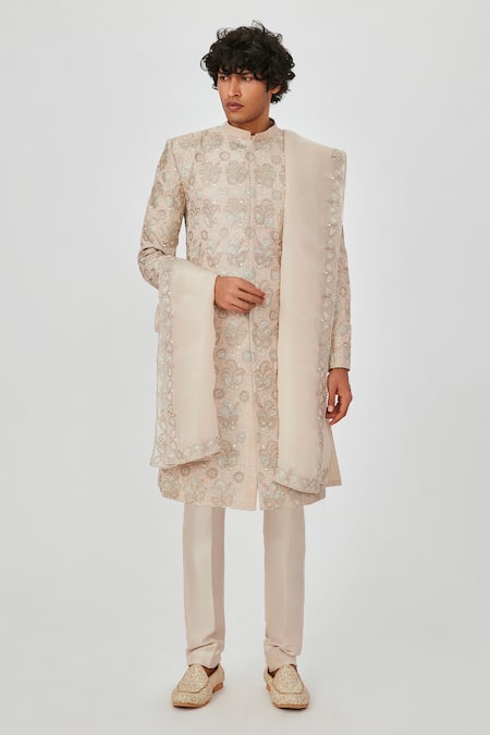 Aisha Rao Zohar Raw Silk Embroidered Sherwani Set 