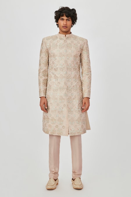 Aisha Rao Ivory Silk, Organza Embroidery Zohar Raw Sherwani Set Online at Aza Fashions Aisha Rao_Ivory Silk, Organza Embroidery Zohar Raw Sherwani Set _Online_at_Aza_Fashions