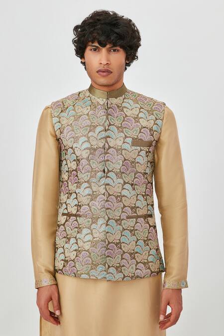 Shop Aisha Rao Brown Tissue, Silk Applique, Embroidery Bundi And Kurta Set Online at Aza Fashions Shop_Aisha Rao_Brown Tissue, Silk Applique, Embroidery Bundi And Kurta Set _Online_at_Aza_Fashions