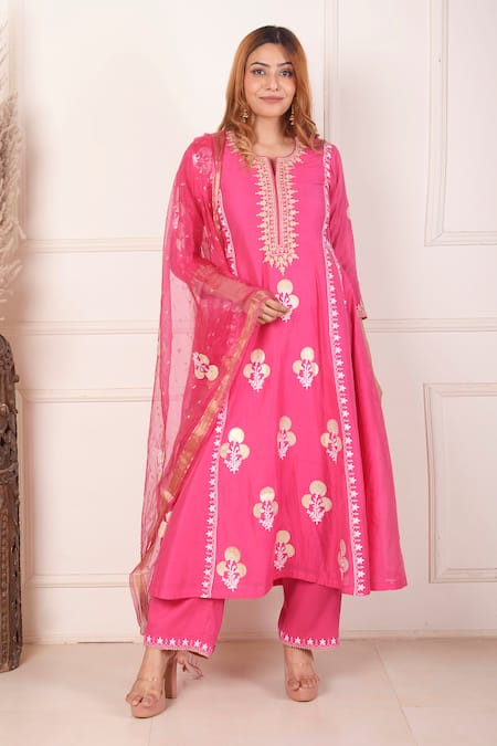 Abbaran Chanderi Floral Block Print Anarkali Palazzo Set 