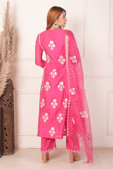 Abbaran Chanderi Floral Block Print Anarkali Palazzo Set 