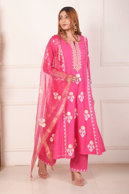 Buy_Abbaran_Pink Chanderi, Organza, Cotton Floral Block Print Anarkali Palazzo Set _Online_at_Aza_Fashions
