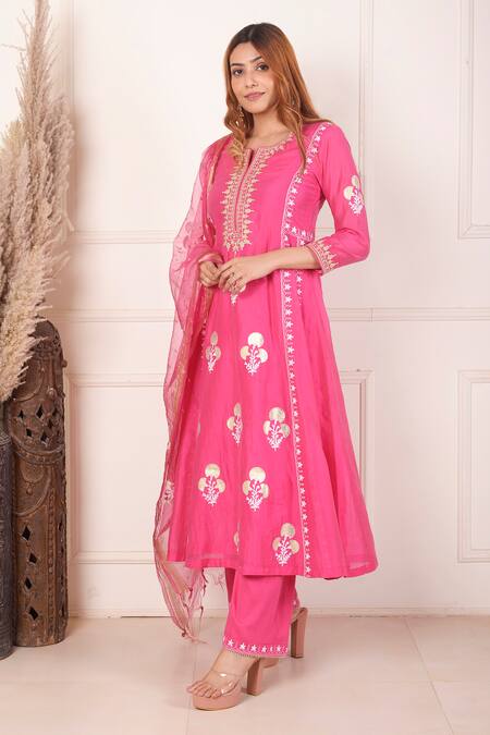 Shop_Abbaran_Pink Chanderi, Organza, Cotton Floral Block Print Anarkali Palazzo Set _Online_at_Aza_Fashions