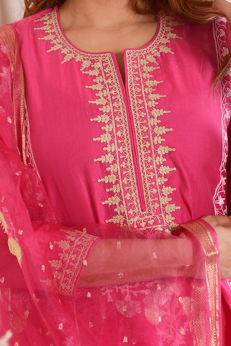 Abbaran_Pink Chanderi, Organza, Cotton Floral Block Print Anarkali Palazzo Set _at_Aza_Fashions