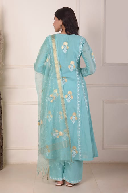 Abbaran_Blue Chanderi, Organza, Cotton Block Print Anarkali Set With Dupatta _Online_at_Aza_Fashions