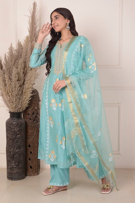 Buy_Abbaran_Blue Chanderi, Organza, Cotton Block Print Anarkali Set With Dupatta _Online_at_Aza_Fashions