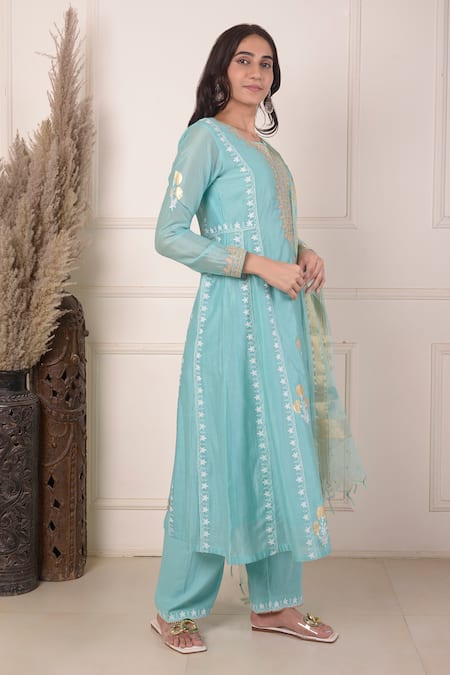 Shop_Abbaran_Blue Chanderi, Organza, Cotton Block Print Anarkali Set With Dupatta _Online_at_Aza_Fashions