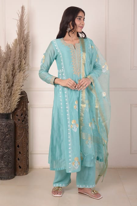 Abbaran_Blue Chanderi, Organza, Cotton Block Print Anarkali Set With Dupatta _at_Aza_Fashions
