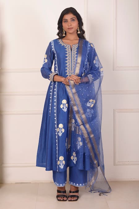 Abbaran Chanderi Mughal Floral Block Print Anarkali Palazzo Set 