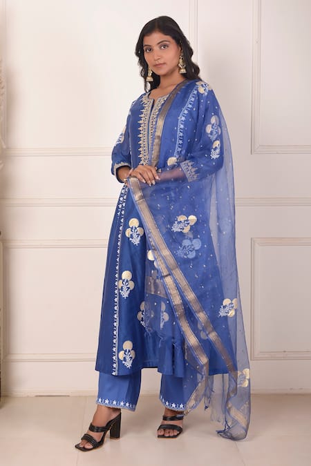 Abbaran Chanderi Mughal Floral Block Print Anarkali Palazzo Set 