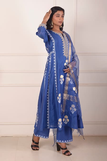 Buy_Abbaran_Sky Blue Chanderi, Cotton, Mughal Floral Block Print Anarkali Palazzo Set _Online_at_Aza_Fashions
