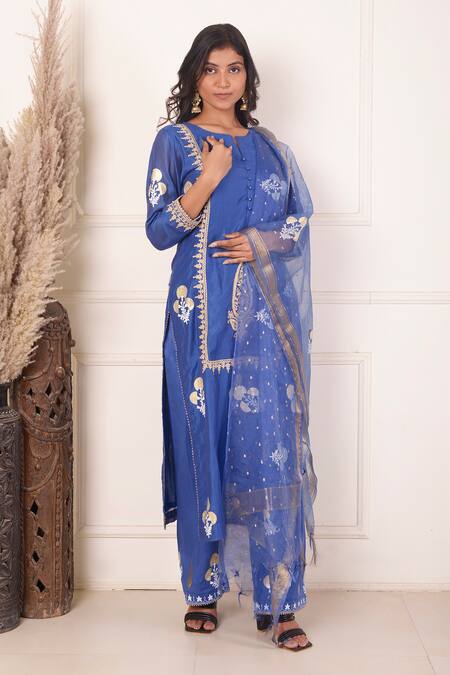 Buy_Abbaran_Sky Blue Chanderi, Cotton, Organza Foil Block Print Kurta Palazzo Set _Online_at_Aza_Fashions