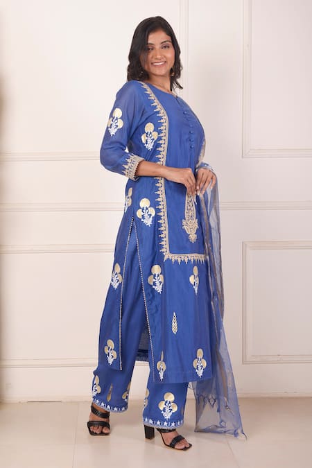 Shop_Abbaran_Sky Blue Chanderi, Cotton, Organza Foil Block Print Kurta Palazzo Set _Online_at_Aza_Fashions