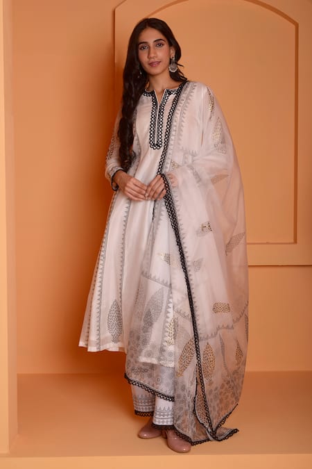 Abbaran Chanderi Geometric Block Print Anarkali Palazzo Set 