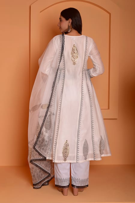 Abbaran Floral Lace Block Print Anarkali Palazzo Set 