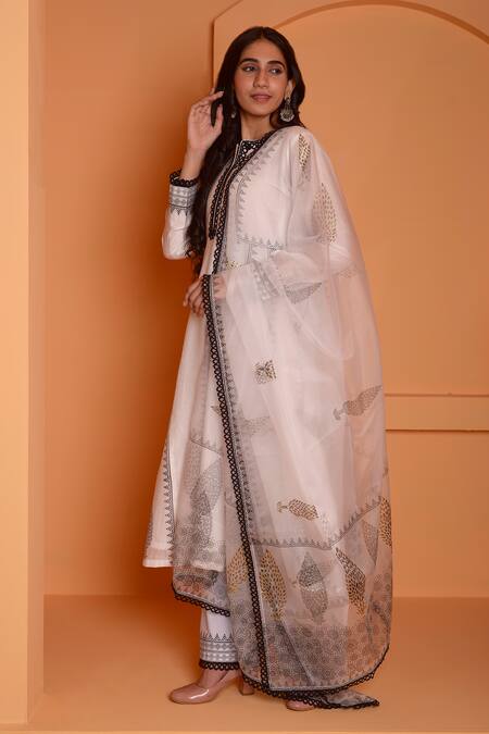 Shop_Abbaran_White Chanderi, Organza, Cotton Lace Floral Block Print Anarkali Palazzo Set _Online_at_Aza_Fashions