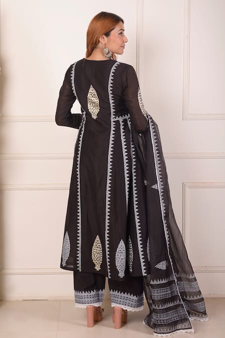 Abbaran Black Block Print Anarkali Palazzo Set 