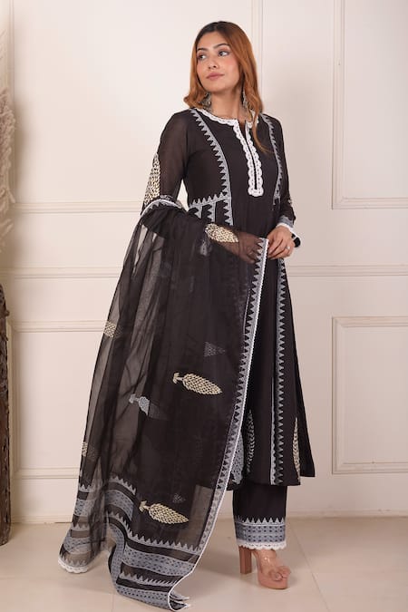 Buy_Abbaran_Black Chanderi, Cotton, Organza Lace, Block Print Anarkali Palazzo Set _Online_at_Aza_Fashions