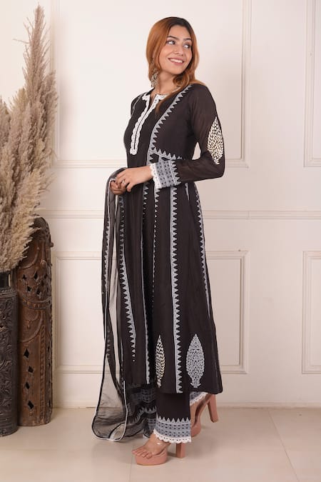 Shop_Abbaran_Black Chanderi, Cotton, Organza Lace, Block Print Anarkali Palazzo Set _Online_at_Aza_Fashions