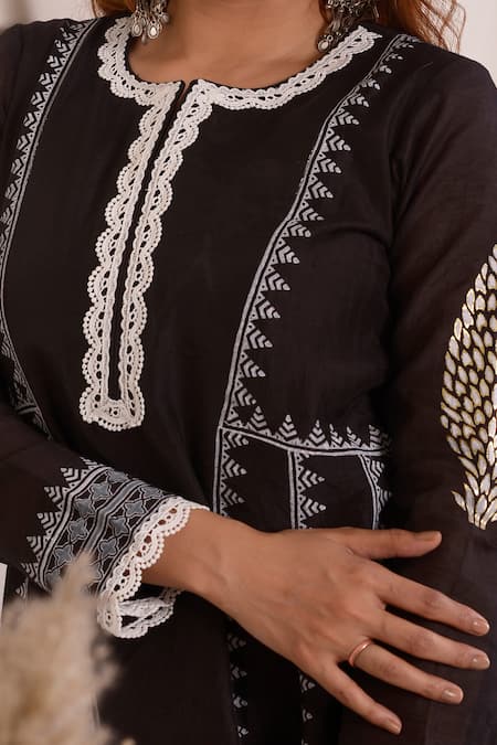 Abbaran_Black Chanderi, Cotton, Organza Lace, Block Print Anarkali Palazzo Set _at_Aza_Fashions