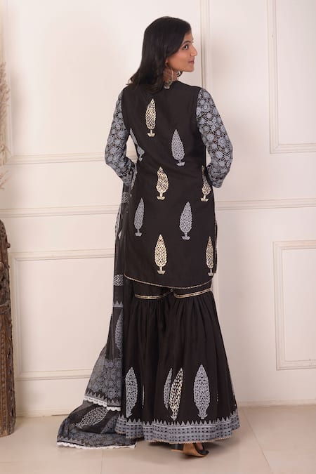 Abbaran_Black Chanderi, Cotton, Organza Gota Patti, Flower Block Print Kurta Gharara Set _Online_at_Aza_Fashions