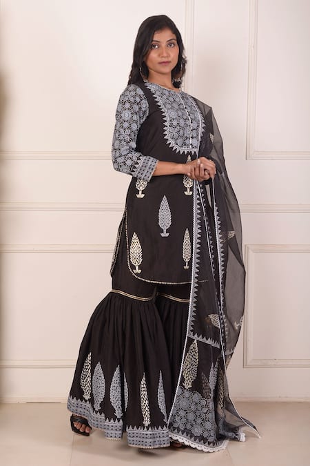 Shop_Abbaran_Black Chanderi, Cotton, Organza Gota Patti, Flower Block Print Kurta Gharara Set _Online_at_Aza_Fashions