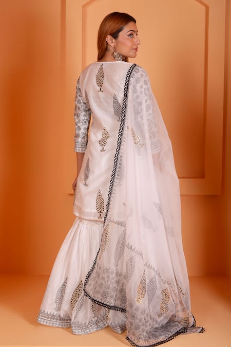 Abbaran_Ivory Chanderi, Cotton, Organza Floral Blossom Block Print Kurta Gharara Set _Online_at_Aza_Fashions